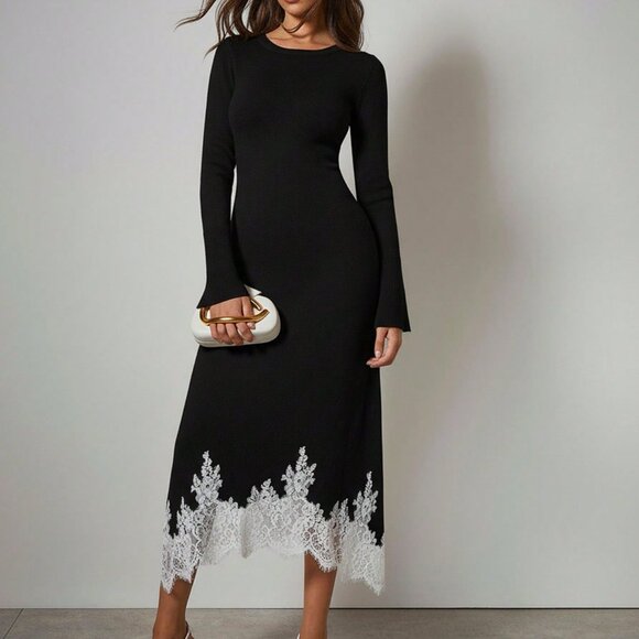 Black Elegant Women's long Flare sleeved Lace detailed Sweater dress - Picture 1 of 7